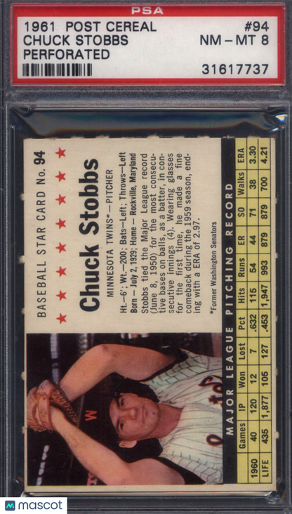 1961 Post Cereal Perforated #94 Chuck Stobbs Twins PSA 8
