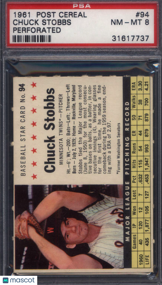 1961 Post Cereal Perforated #94 Chuck Stobbs Twins PSA 8
