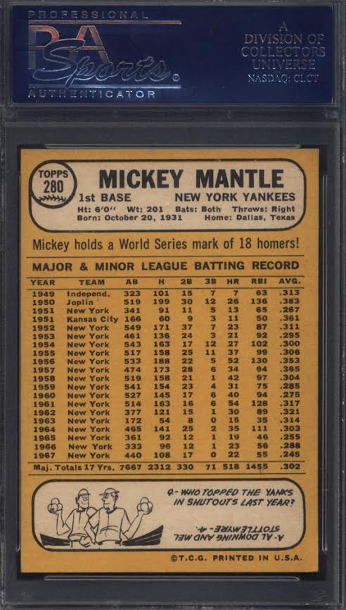 1968 Topps #280 Mickey Mantle Yankees PSA 6.5