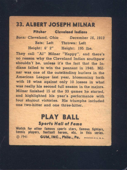 1941 Play Ball #33 Albert "Happy" Milnar Indians (VG/EX)