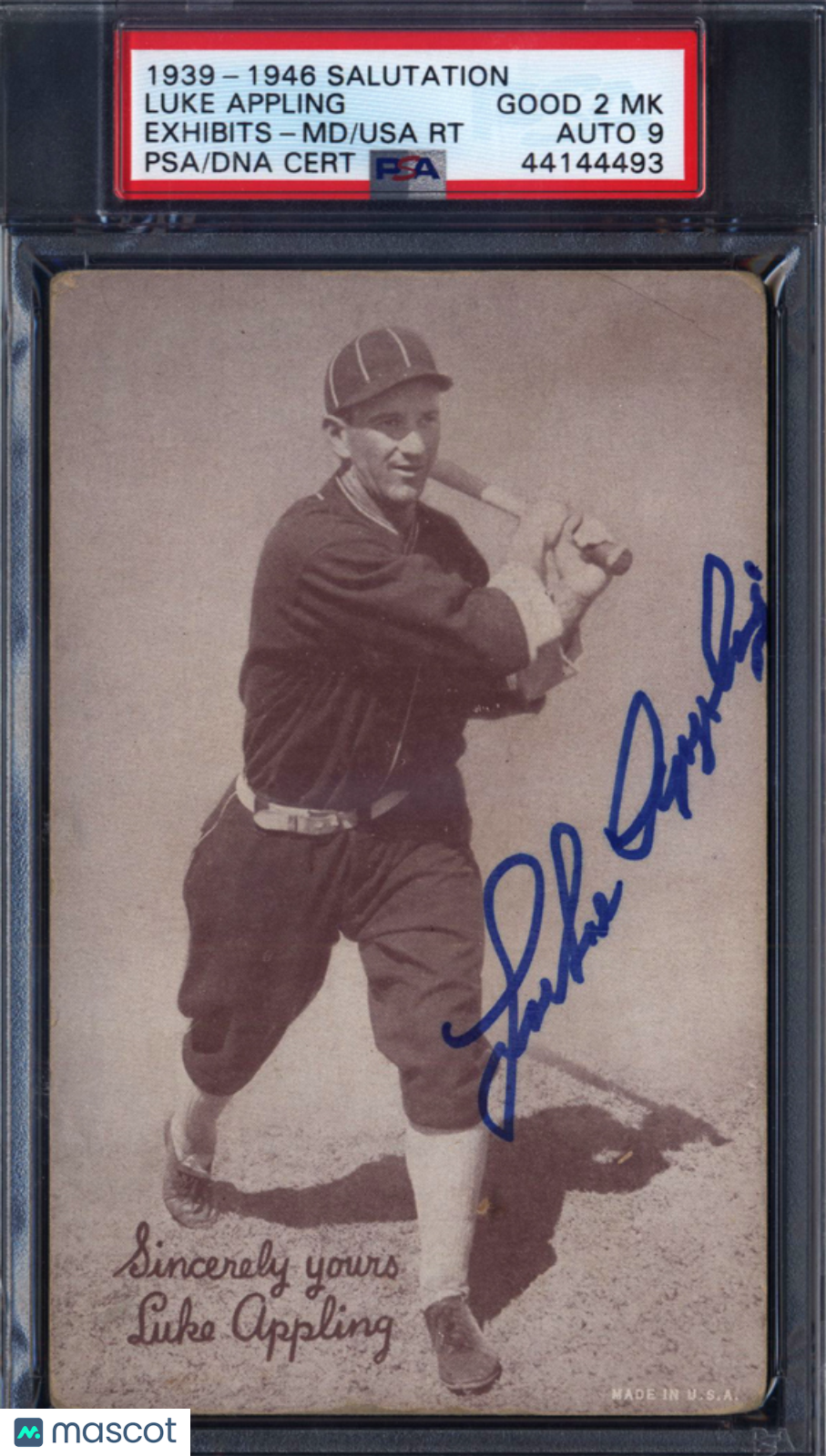 1939-46 Salutation Exhibits Luke Appling Signed Auto 9 PSA 2 (MK)