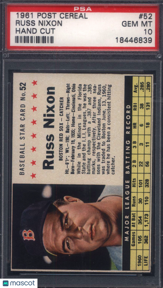 1961 Post Cereal Hand Cut  #52 Russ Nixon Red Sox PSA 10 Pop 5