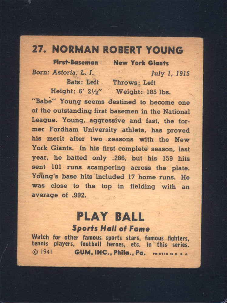 1941 Play Ball #27 Norman "Babe" Young Giants (VG+)