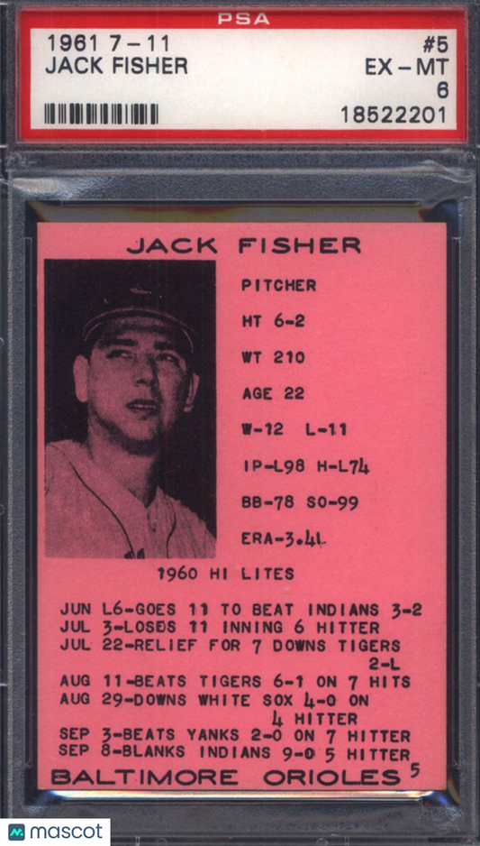 1961 7-11 #5 Jack Fisher Orioles PSA 6 pop 1 (None Higher)