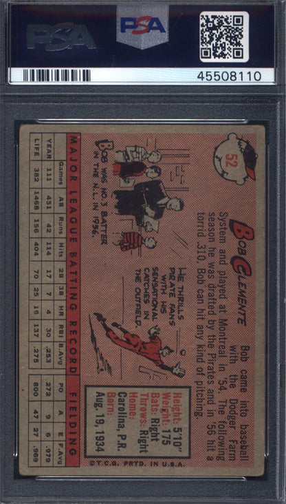 1958 Topps #52 Roberto Clemente Yellow Team Letters Variation Pirates PSA 3