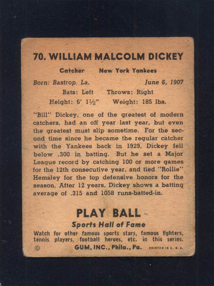 1941 Play Ball #70 Bill Dickey Yankees (VG)