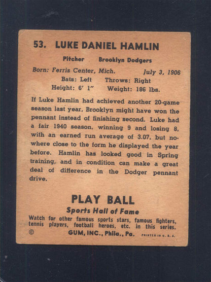 1941 Play Ball #53 Luke "Hot Potato" Hamlin Dodgers (VG/EX)