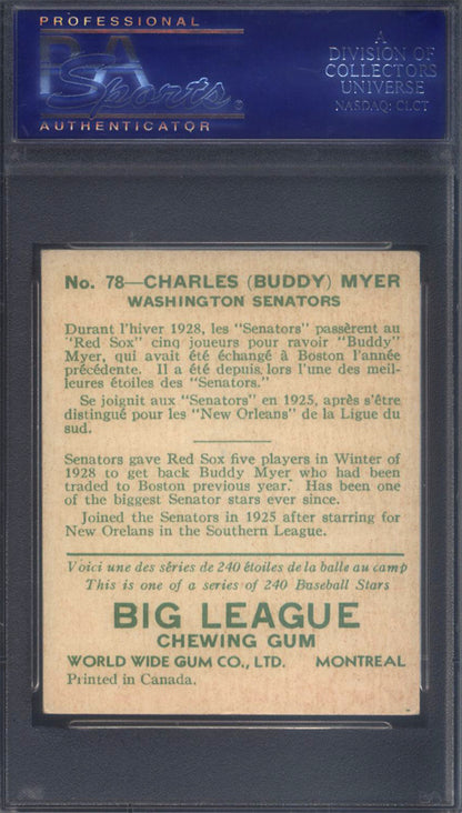 1933 Goudey World Wide Gum #78 Charles Myer Senators PSA 6