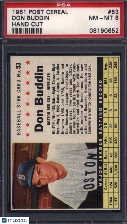 1961 Post Cereal #53 Don Buddin Hand Cut Red Sox PSA 8