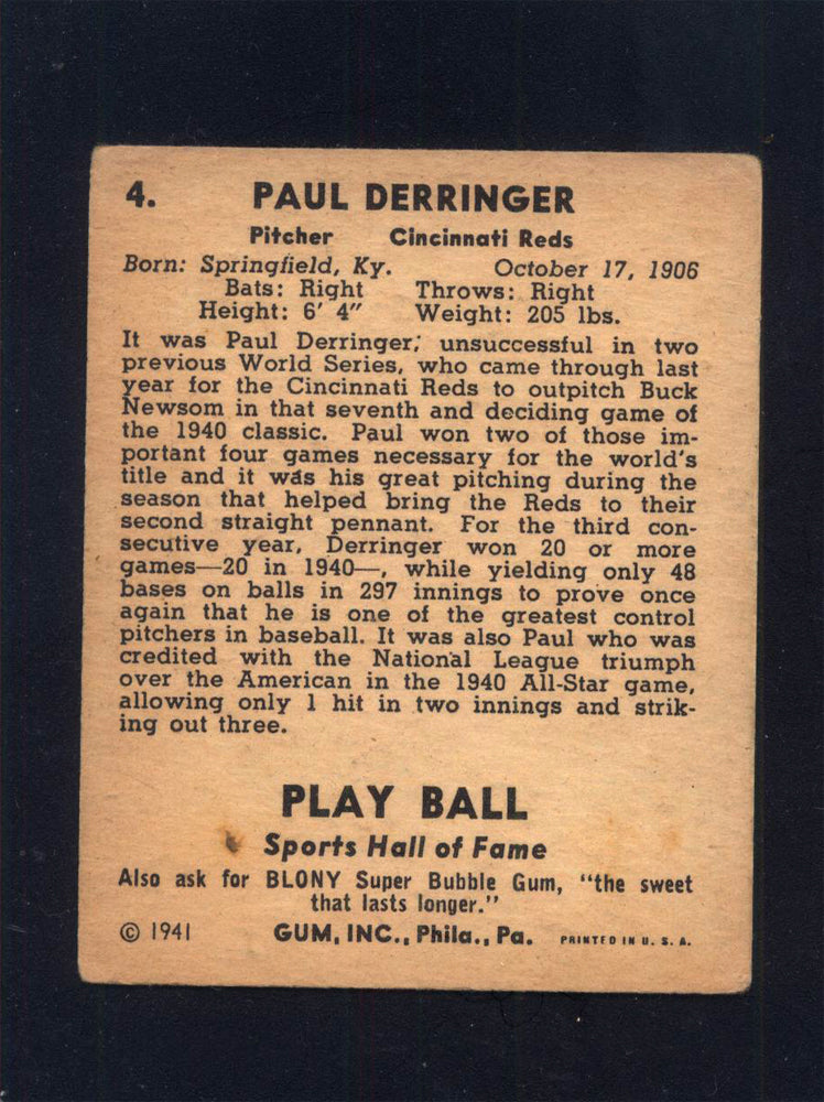 1941 Play Ball #4 Paul "Duke" Derringer Reds (VG+)