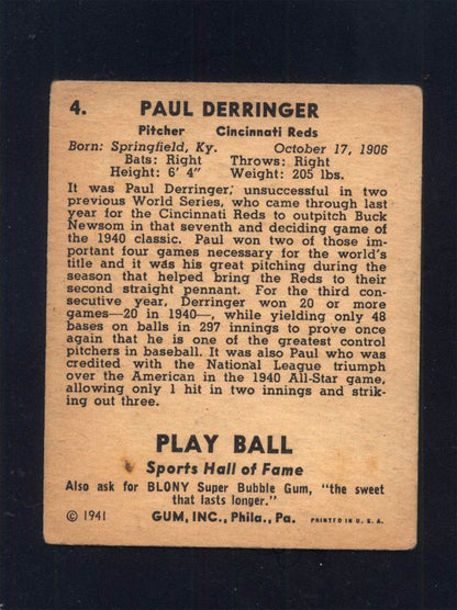 1941 Play Ball #4 Paul "Duke" Derringer Reds (VG+)