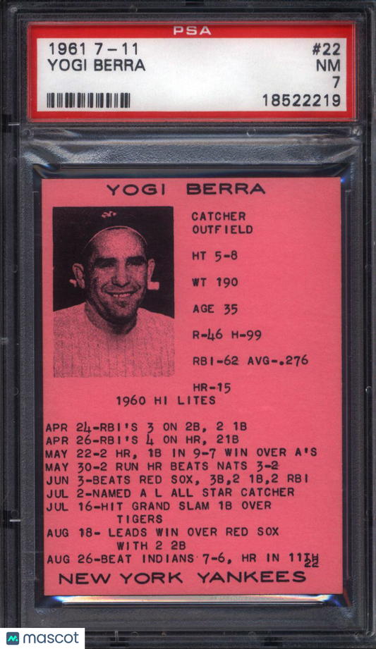 1961 7-11 #22 Yogi Berra Yankees PSA 7 pop 2 (None Higher)