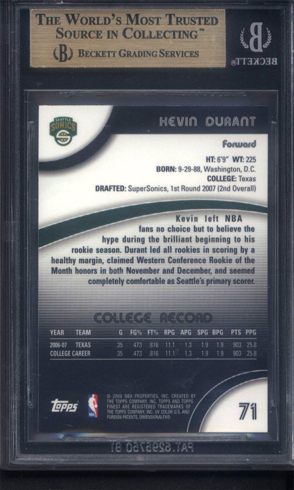 2007 Finest #71 Kevin Durant Rookie BGS 9.5 w (1) 10