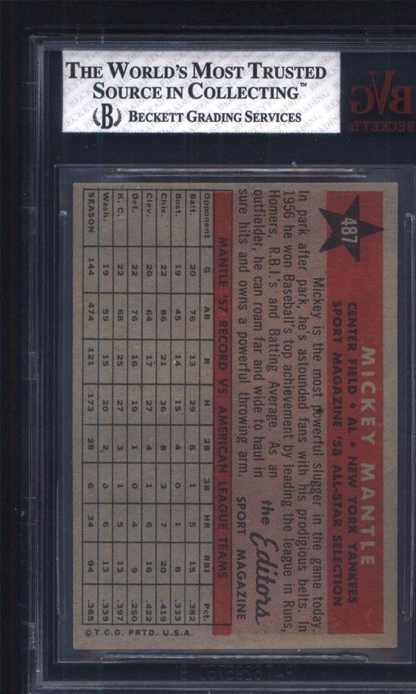 1958 Topps #487 Mickey Mantle All Star Yankees BGS BVG 8 Well Centered