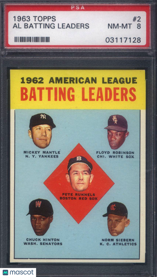 1963 Topps #2 A.L. Batting Leaders with Mickey Mantle PSA 8