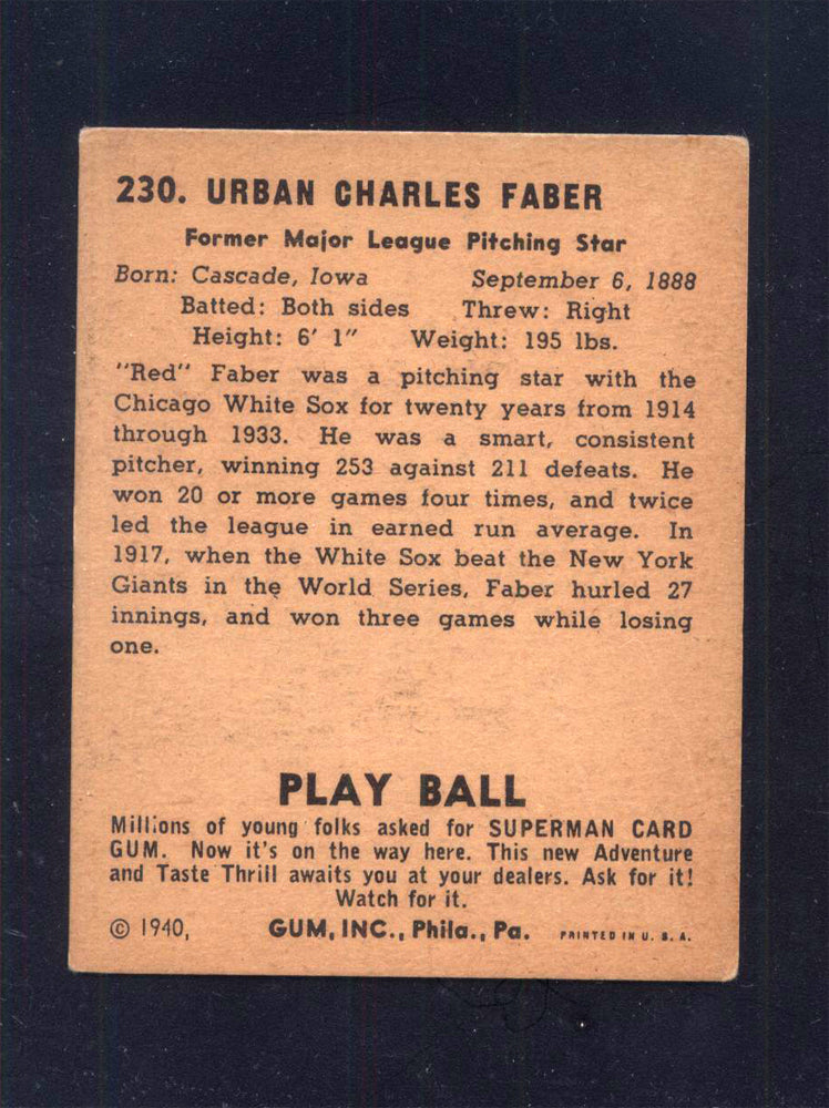 1940 Play Ball #230 Red Faber White Sox (VG/EX)