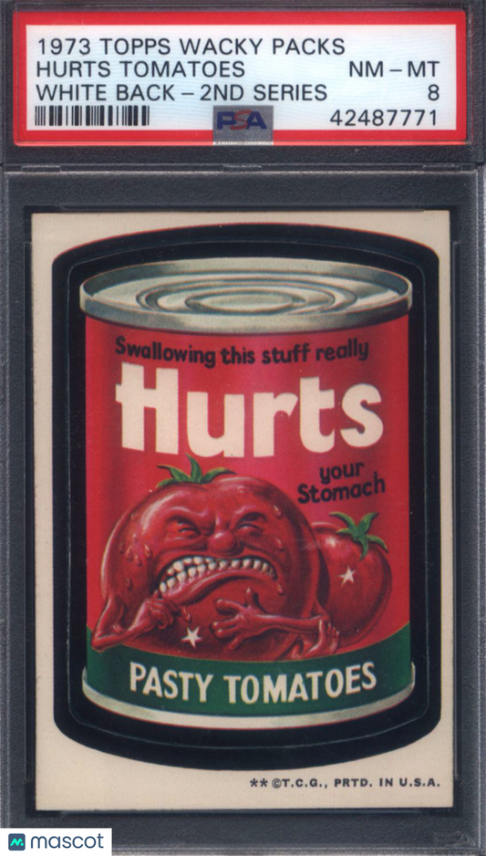1973 Topps Wacky Packs 2nd Series Hurts Tomatoes White Back Variation PSA 8