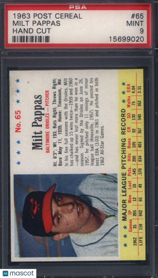 1963 Post Cereal #65 Milt Pappas Hand Cut Orioles PSA 9 POP 7 None Higher