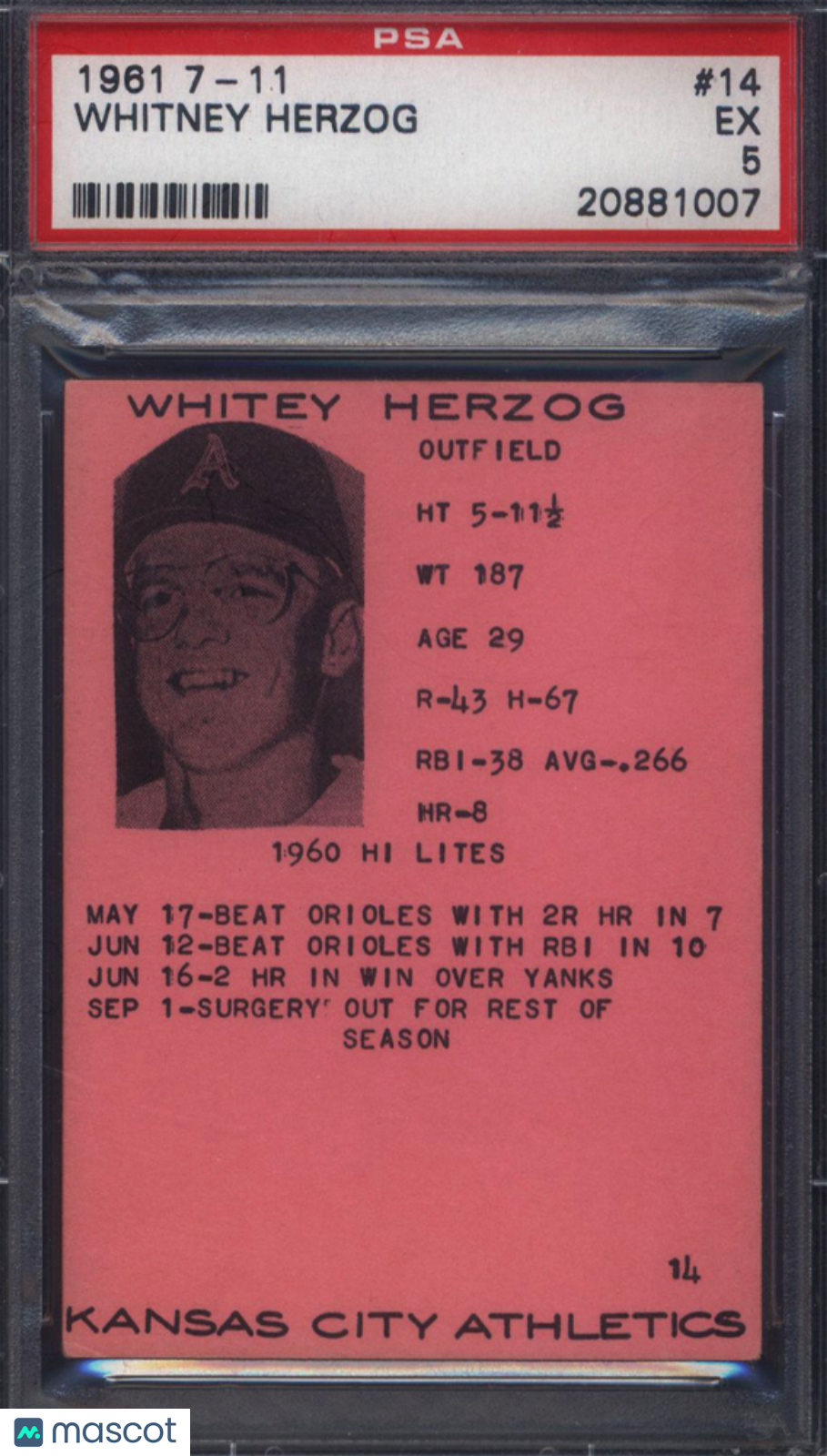 1961 7-11 #14 Whitey Herzog A's PSA 5