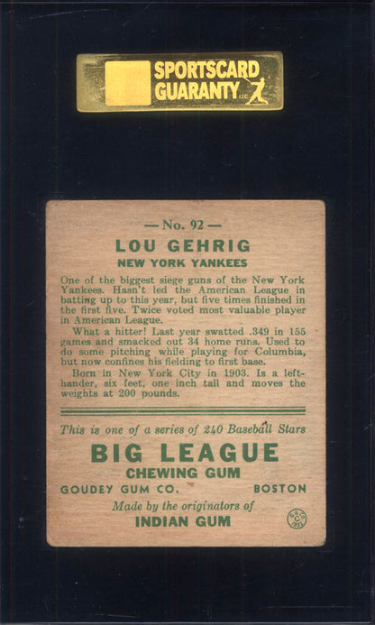 1933 Goudey #92 Lou Gehrig Yankees SGC 4