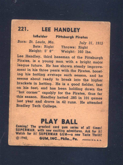 1940 Play Ball #221 Lee Handley Pirates (VG)