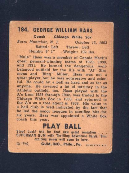 1940 Play Ball #184 Mule Haas White Sox (GD)