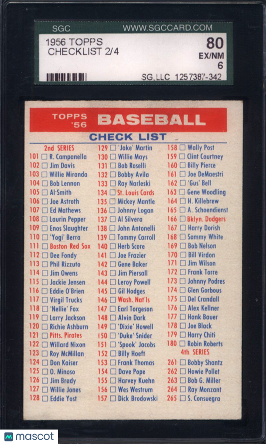 1956 Topps Baseball Checklist 2/4 SGC 6
