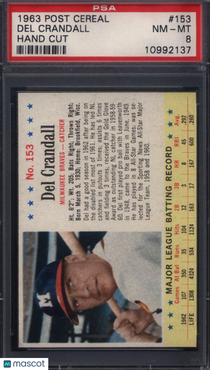 1963 Post Cereal #153 Del Crandall Hand Cut Braves PSA 8