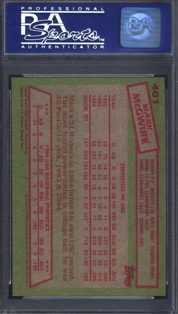 1985 Topps #401 Mark Mcgwire Rookie 1984 Usa Baseball Team PSA 9