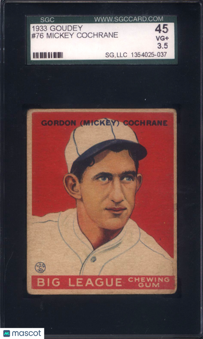 1933 Goudey #76 Mickey Cochrane Athletics SGC 3.5