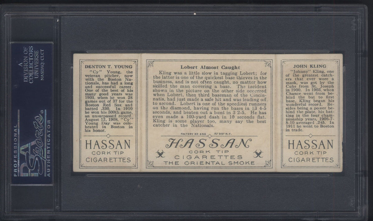 T202 Triple Folder Lobert Almost Caught W/ Cy Young PSA 2