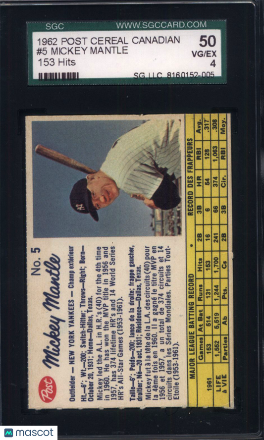 1962 Post Cereal Canadian #5 Mickey Mantle 153 Hits Yankees SGC 4