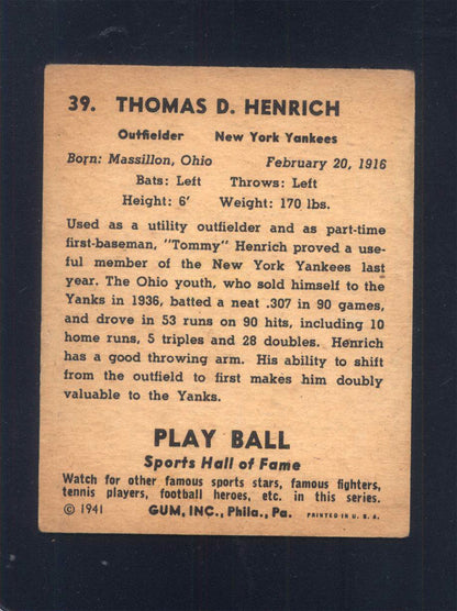1941 Play Ball #39 Tommy Henrich Yankees (VG)