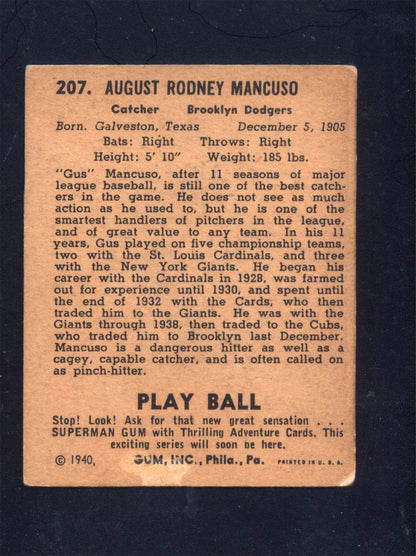 1940 Play Ball #207 Gus Mancuso Dodgers (GD)