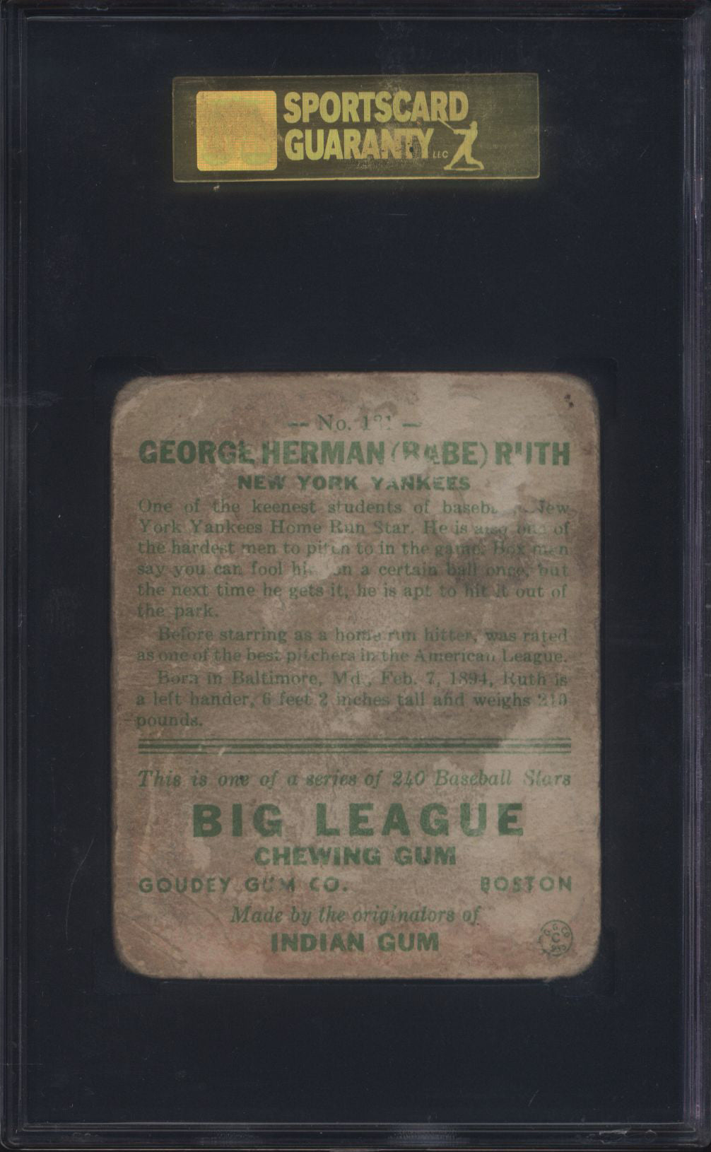 1933 Goudey #181 Babe Ruth Yankees SGC 1