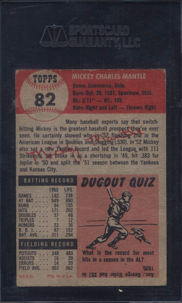 1953 Topps #82 Mickey Mantle Yankees SGC 3