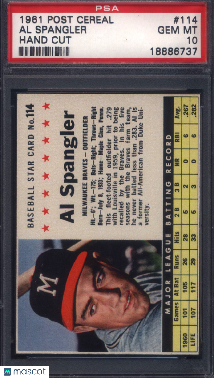 1961 Post Cereal Hand Cut #114 Al Spangler Braves PSA 10 pop 6