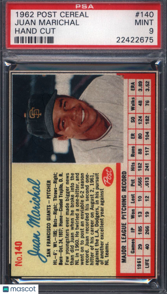 1962 Post Cereal #140 Juan Marichal Giants  PSA 9 POP 5 (None Higher)