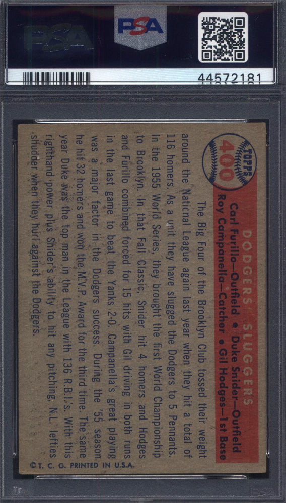 1957 Topps #400 Dodgers' Sluggers w/ Furillo Hodges Campanella Snider PSA 4