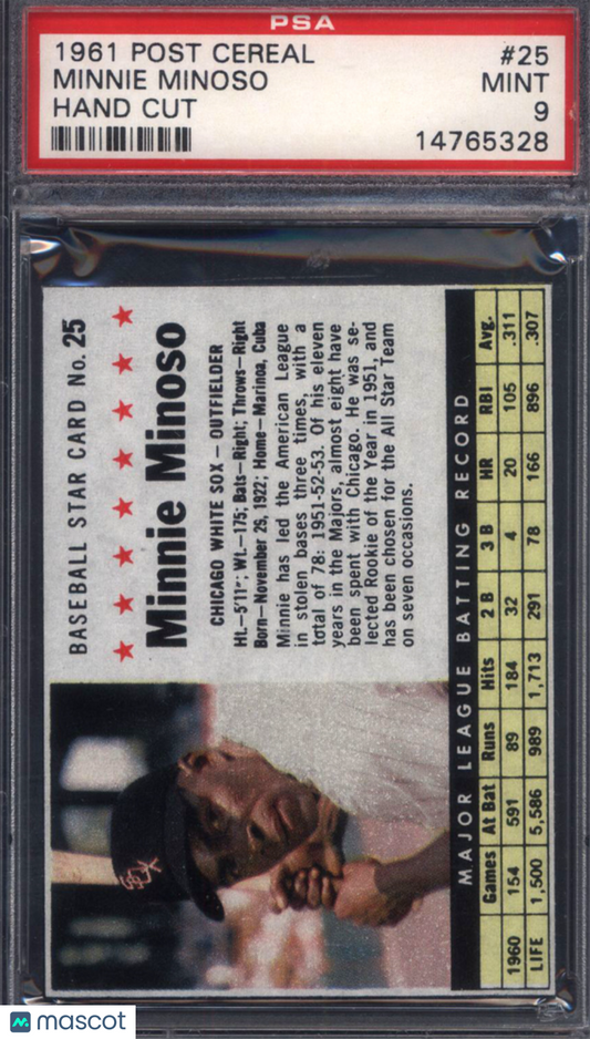 1961 Post Cereal Hand Cut #25 Minnie Minoso White Sox PSA 9 pop 4