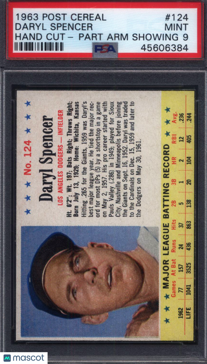1963 Post Cereal #124 Daryl Spencer Hand Cut Arm Showing Dodgers PSA 9 pop 2