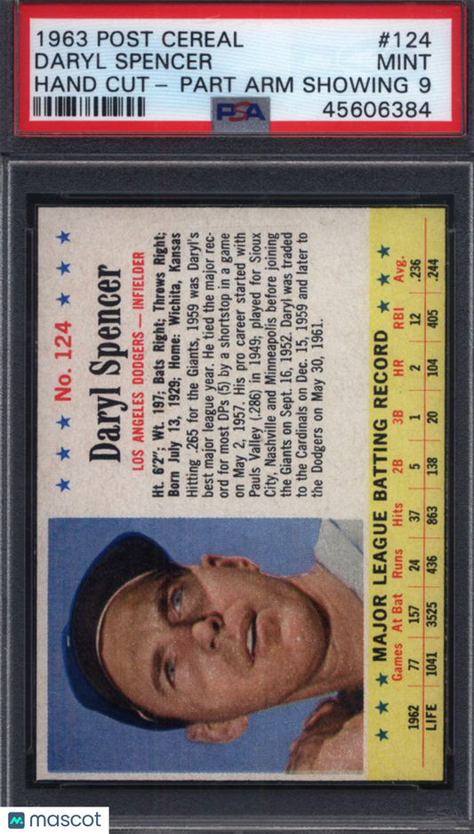 1963 Post Cereal #124 Daryl Spencer Hand Cut Arm Showing Dodgers PSA 9 pop 2