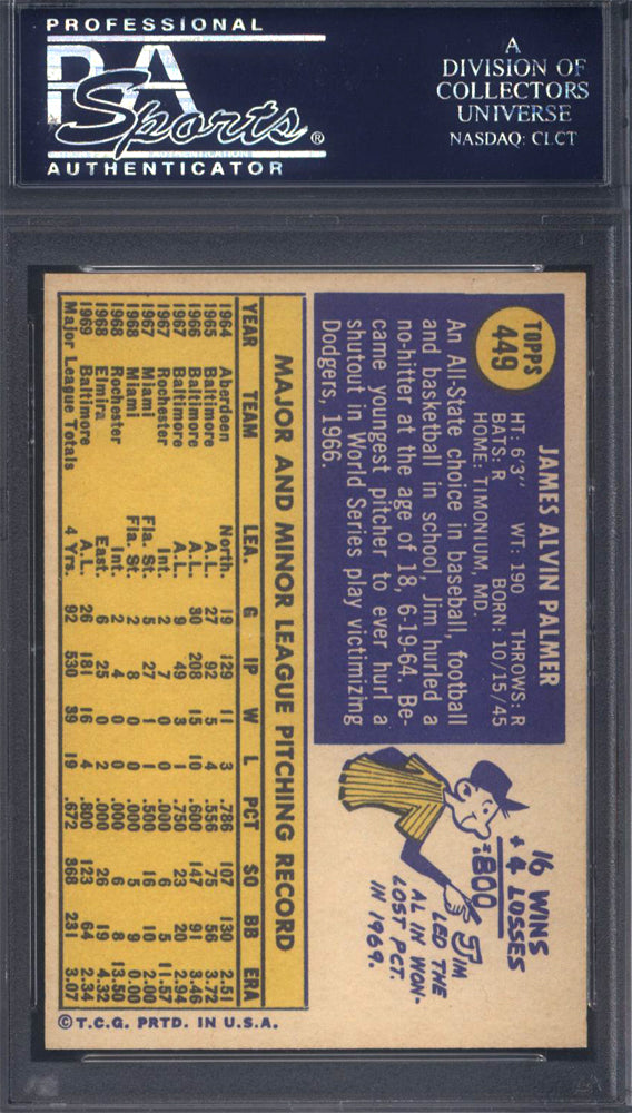 1970 Topps #449 Jim Palmer Orioles PSA 8.5 Well Centered