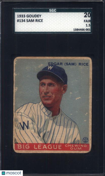 1933 Goudey #134 Sam Rice Senators SGC 1.5