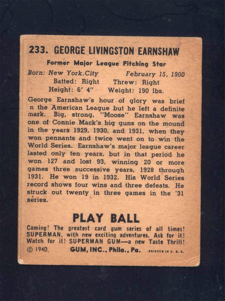 1940 Play Ball #233 Moose Earnshaw Athletics (VG)