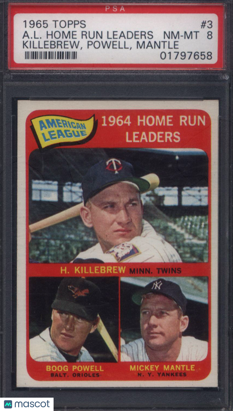 1965 Topps #3 A. L. Home Run Leaders w/ Mickey Mantle PSA 8