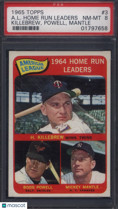 1965 Topps #3 A. L. Home Run Leaders w/ Mickey Mantle PSA 8