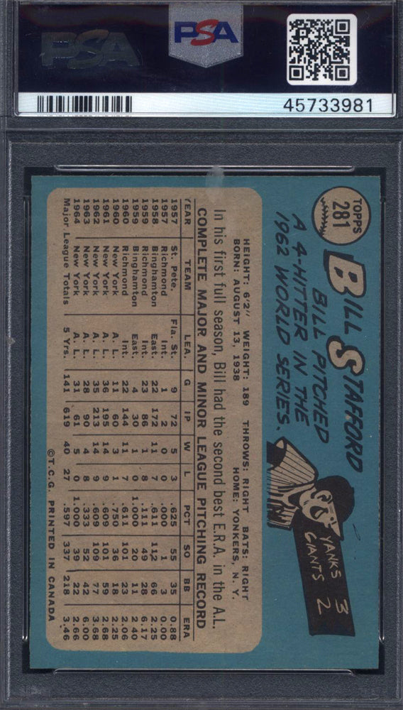 1965 OPC O-Pee-Chee #281 Bill Stafford Yankees PSA 7