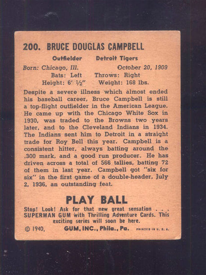 1940 Play Ball #200 Soupy Campbell Tigers (VG/EX)