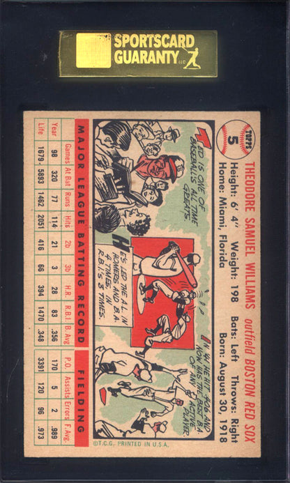 1956 Topps #5 Ted Williams White Back Red Sox SGC 6